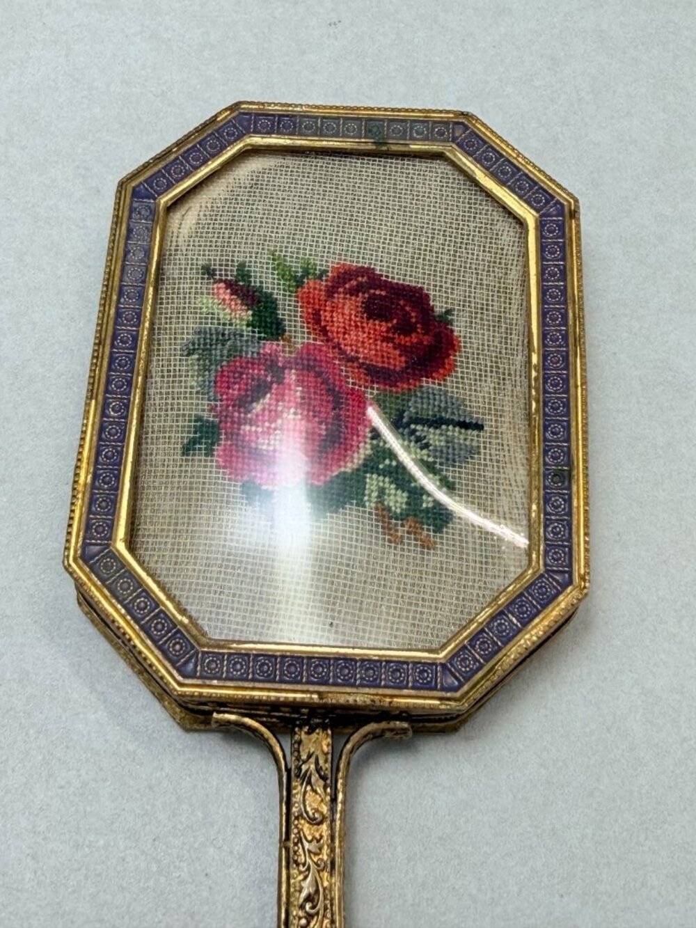 Vintage Ornate Hand Mirror Floral Needlepoint Gold Tone Small Vanity Mirror - Picture 6 of 11